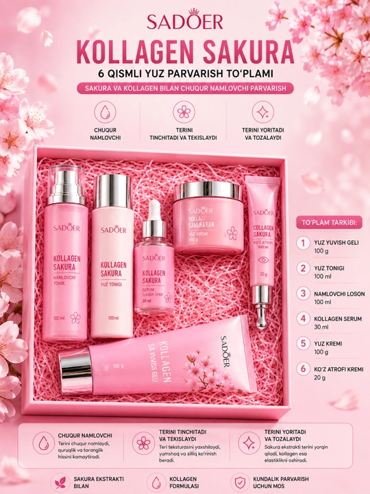 Sadoer Collagen Sakura набор для ухода за лицом 6 предметов с коллагеном