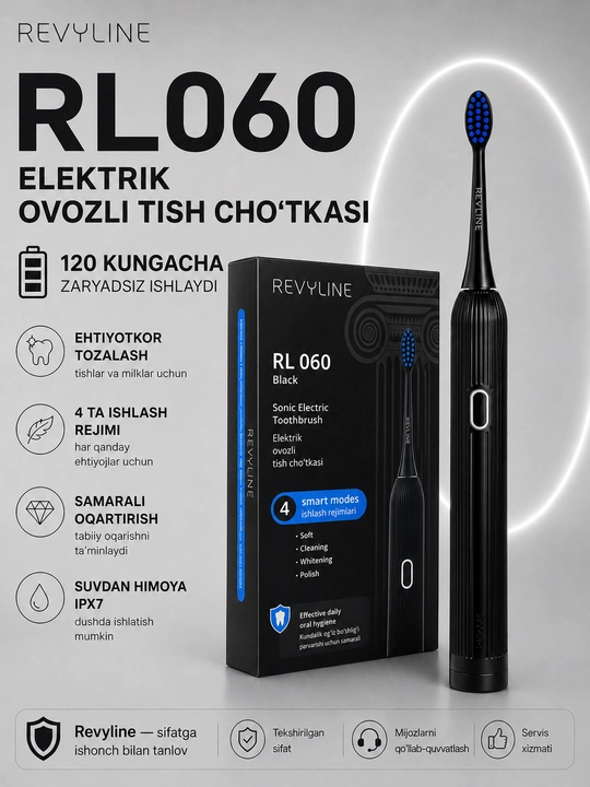 Revyline RL 060 elektr tovushli tish cho‘tkasi, 4 ta rejim, 3 nasadka, kundalik parvarishi