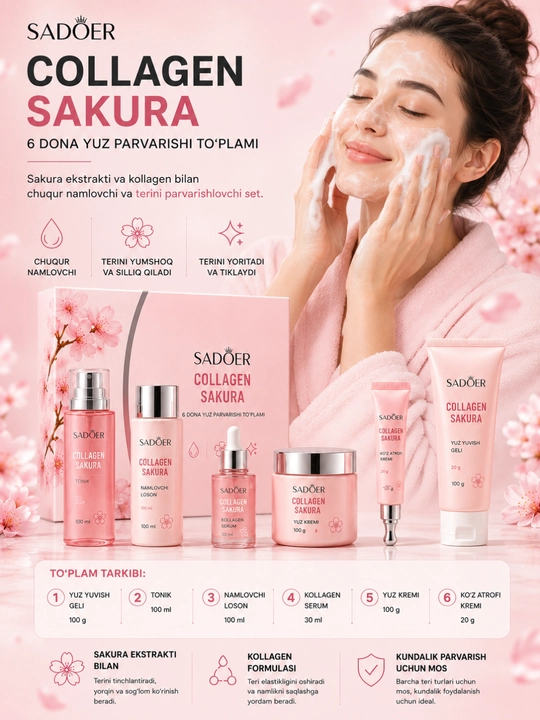 Sadoer Collagen Sakura набор для ухода за лицом 6 предметов с коллагеном