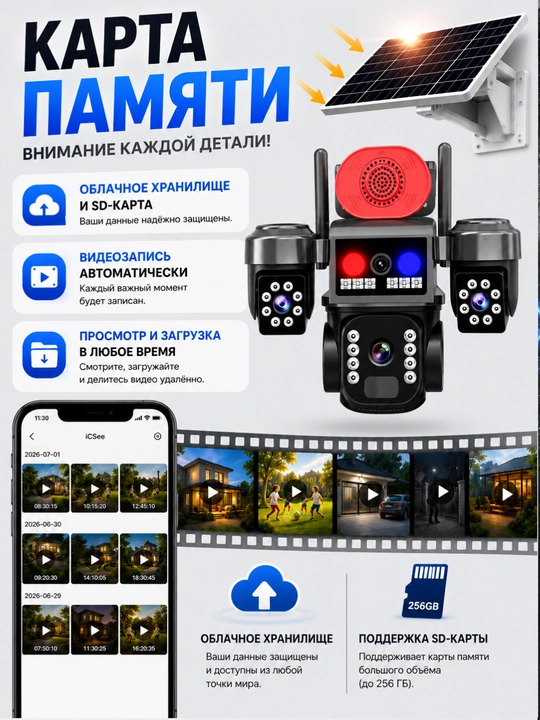 Камера видеонаблюдения AOV 4G PTZ 3 камеры солнечная панель SIM