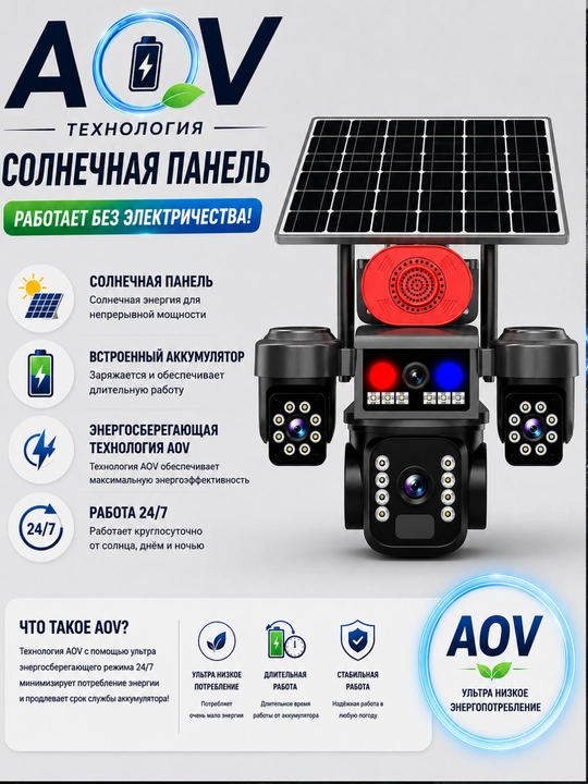 Камера видеонаблюдения AOV 4G PTZ 3 камеры солнечная панель SIM