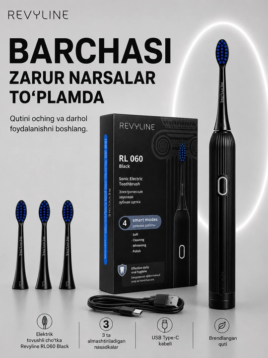 Revyline RL 060 elektr tovushli tish cho‘tkasi, 4 ta rejim, 3 nasadka, kundalik parvarishi
