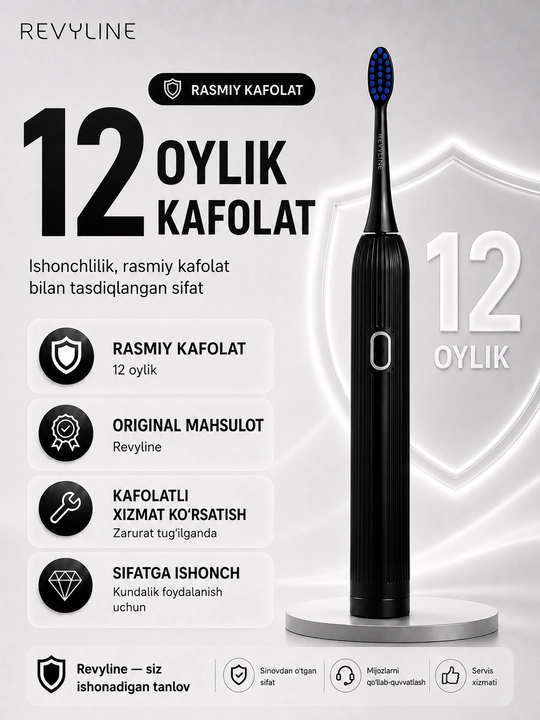 Revyline RL 060 elektr tovushli tish cho‘tkasi, 4 ta rejim, 3 nasadka, kundalik parvarishi