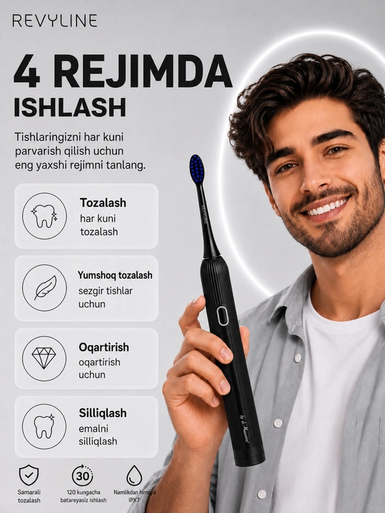 Электрическая зубная щетка Revyline RL 060, звуковая, 4 режима, 3 насадки, ежедневный уход - 