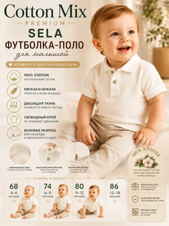 Футболка-поло для малышей, молочная, 100% хлопок, размеры 68–86 - 