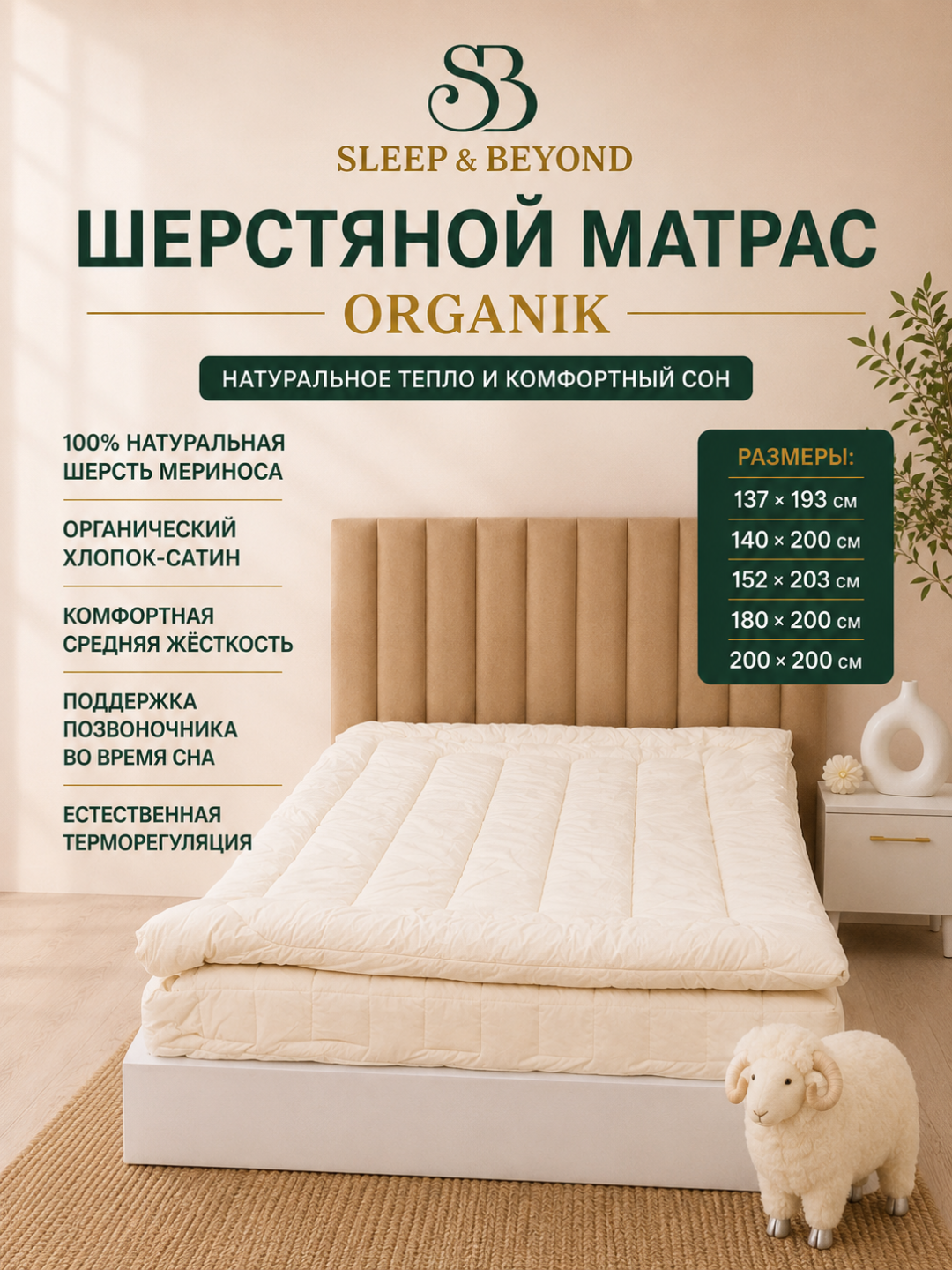 Sleep&Beyond Organik merinos junidan tayyorlangan matras, organik paxta - 
