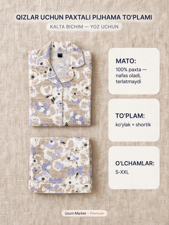 Ayollar katak pijamasi, shortiklar bilan - 100% paxta, yozgi, uy komplekti
