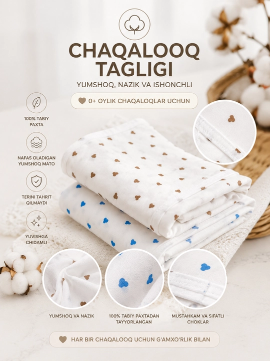 Chaqaloq tagligi 2 dona 100% paxta, o'rama taglik yangi tug'ilgan chaqaloqlar uchun