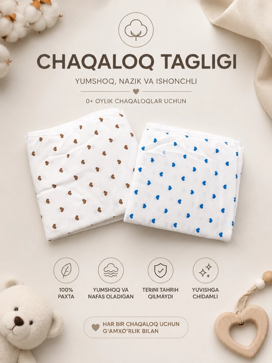 Chaqaloq tagligi 2 dona 100% paxta, o'rama taglik yangi tug'ilgan chaqaloqlar uchun
