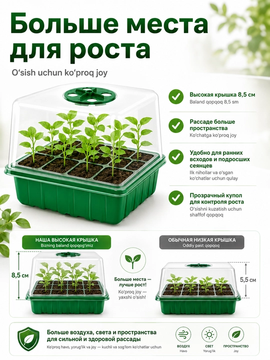 Ko‘chat uchun 5 ta mini parnik, 5 ta to‘liq spektrli fitolampa, taymer, 60 katak