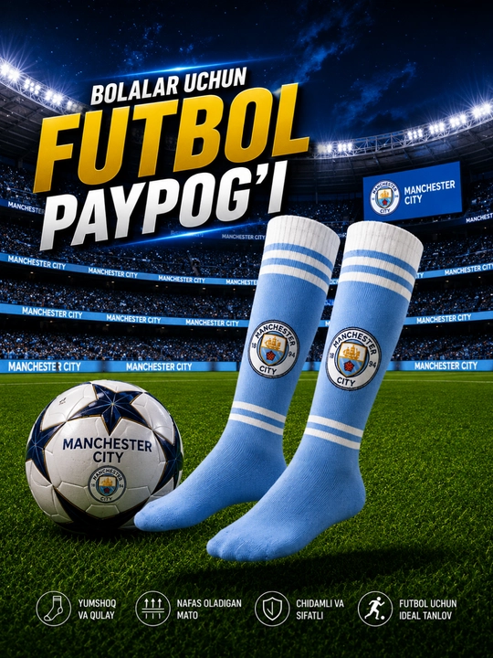 O'lchami yoshga qarab belgilangan bolalar futbol paypog‘i,  futbol getralari, materiali xb - 