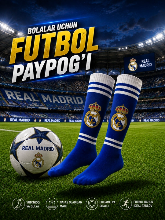 O'lchami yoshga qarab belgilangan bolalar futbol paypog‘i,  futbol getralari, materiali xb - 