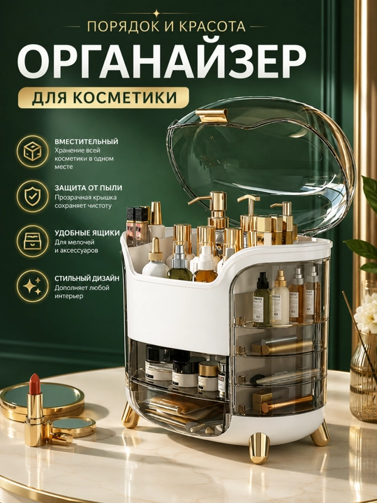 Kosmetika uchun organayzer shaffof qopqoqli va tortmali - 