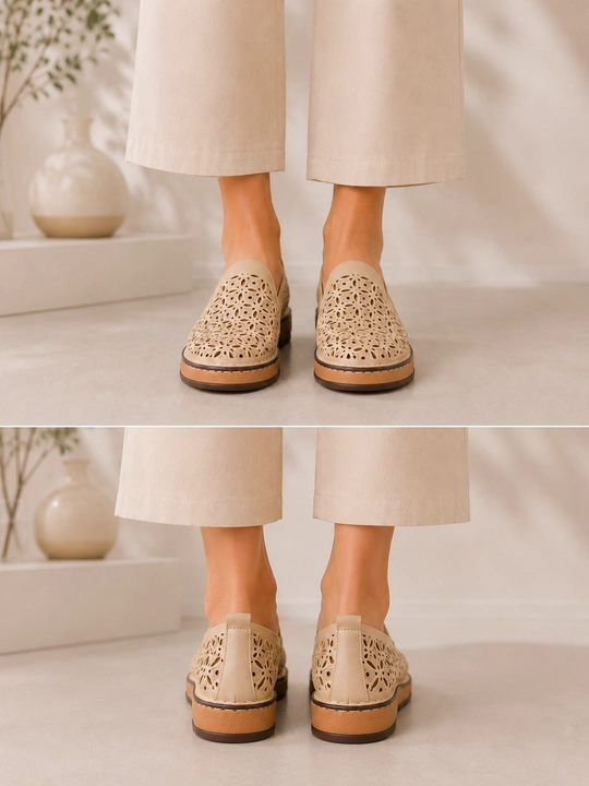 Ayollar uchun yozgi tabiiy charm perforatsiyali loaferlar yumshoq taglikli