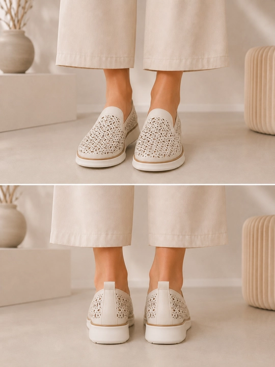 Ayollar uchun yozgi tabiiy charm perforatsiyali loaferlar yumshoq taglikli