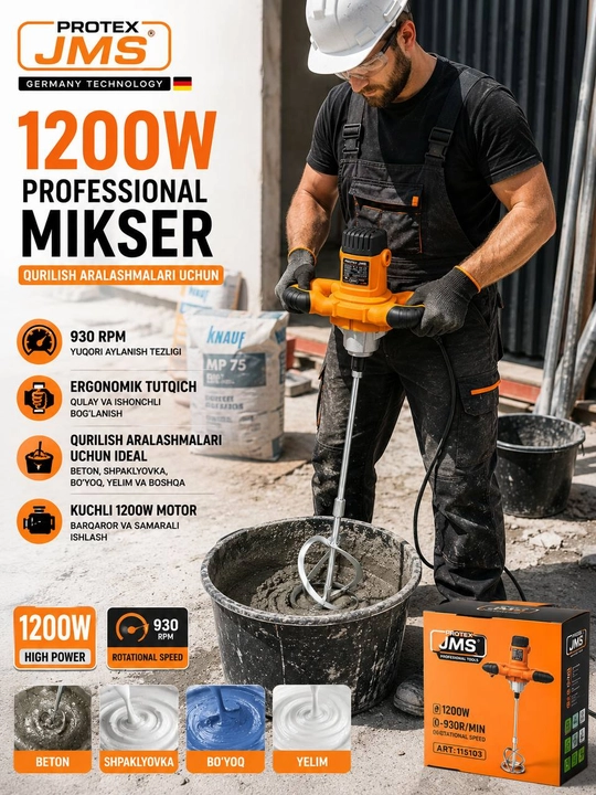 Elektr Qurilish Mikseri (Mixer) – Bo’yoq, Shpaklyovka, Yelim va Beton Aralashtirgich