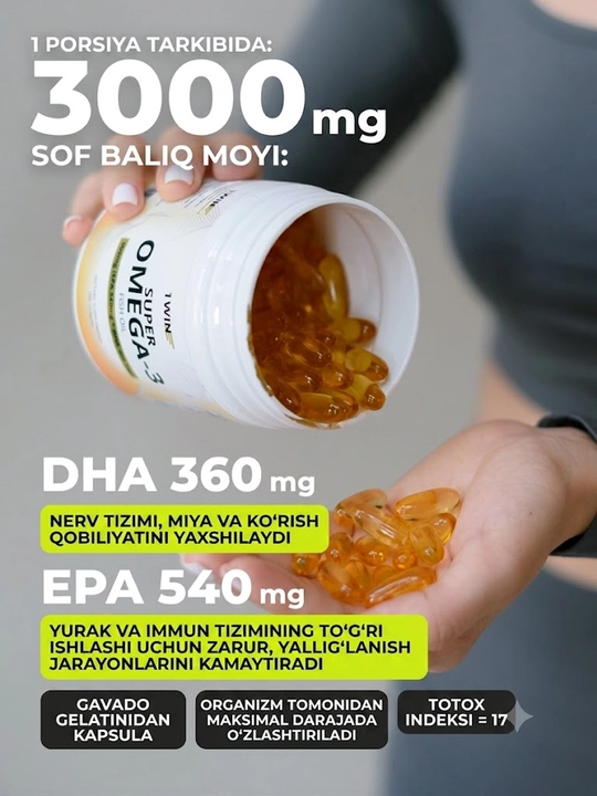 Omega 3 baliq yog'i 1WIN 900 mg, EPA DHA, immunitet, yurak va miya uchun kapsulalar