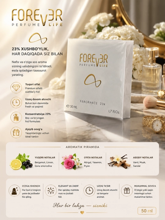 Ayollar atiri, classic atir, forever life, nozik hid, 50 ml, parfyum, ayollar