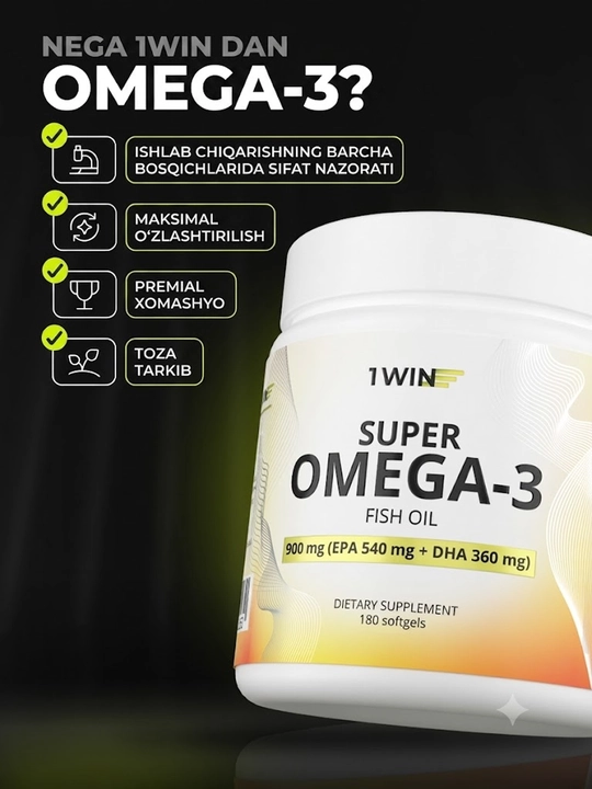 Omega 3 baliq yog'i 1WIN 900 mg, EPA DHA, immunitet, yurak va miya uchun kapsulalar