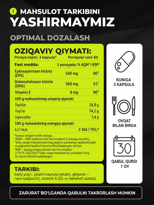 Omega 3 baliq yog'i 1WIN 900 mg, EPA DHA, immunitet, yurak va miya uchun kapsulalar