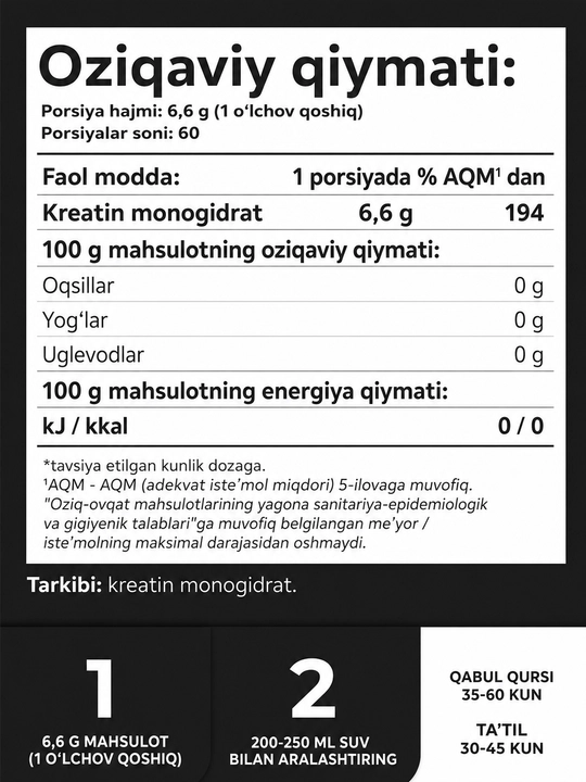 Kreatin monogidrat 1WIN CreaMax 600 gr, 90 porsiya, tamsiz