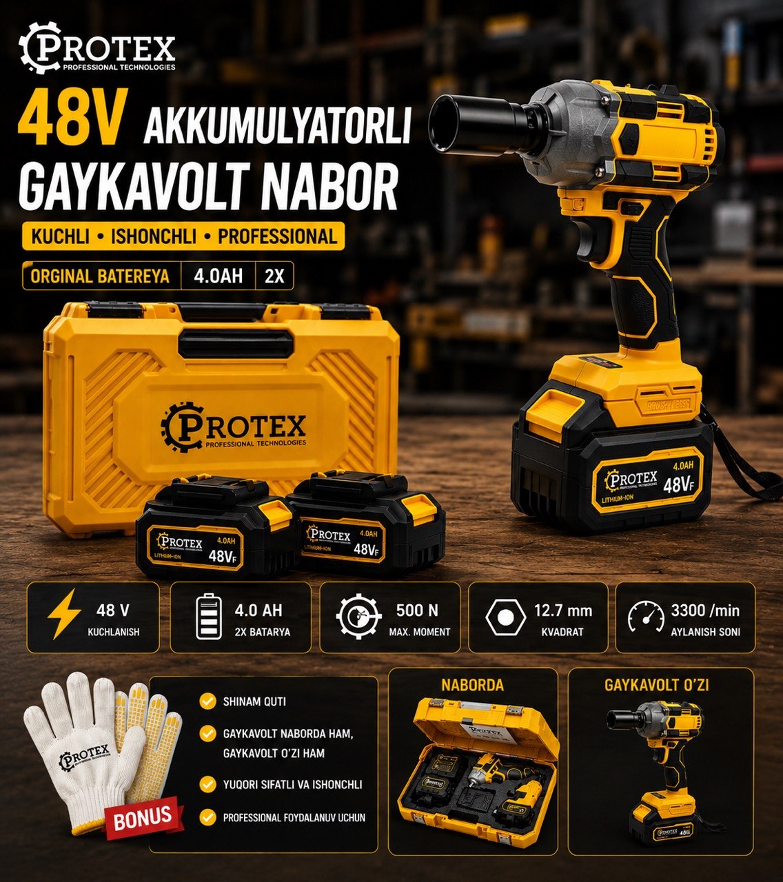 PROTEX 48V Akkumulyatorli gaykaqaytaruvchi – professional - 