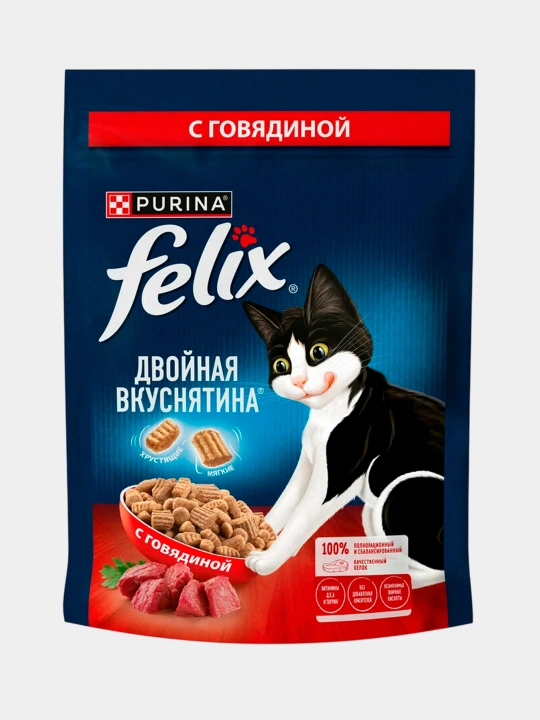 Felix Ikki barobar mazali mushuklar uchun quruq ozuqa, go‘shtl, 600 gr - 