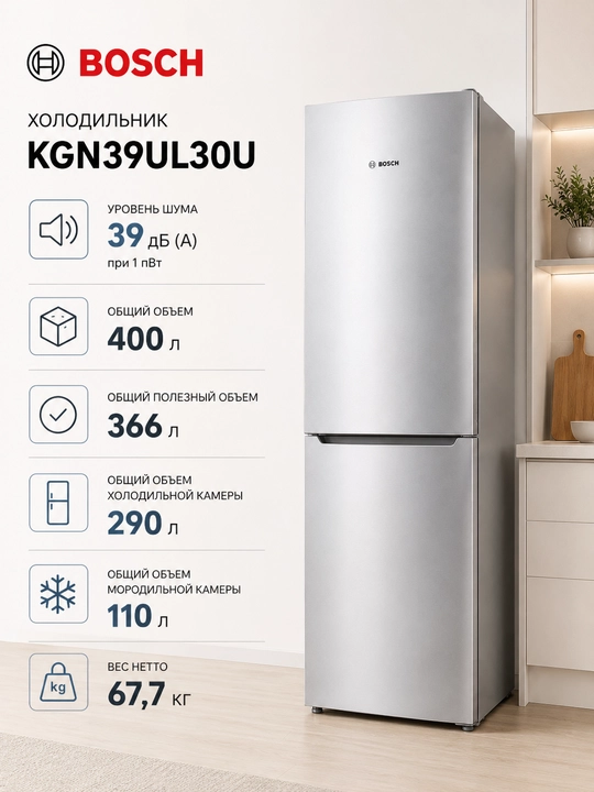 Bosch KGN39UL30U — современный двухкамерный холодильник серии Bosch Serie 4
