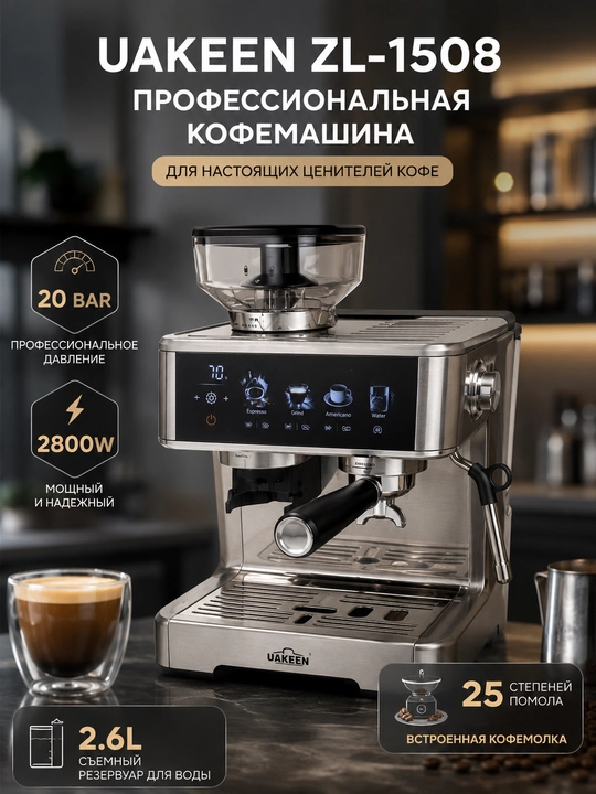 Профессиональная рожковая кофемашина, 20 Бар, встроенная кофемолка, для капучино и латте - 