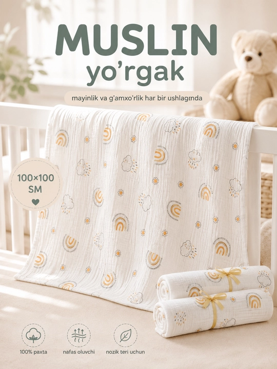 Chaqaloqlar uchun trikotaj yo'rgak, muslin 100% paxta, 100 x 100 sm - 