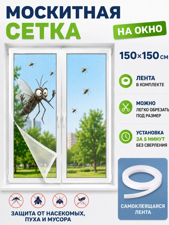 Москитная сетка на окно самоклеящаяся с липкой лентой, 150×150 см