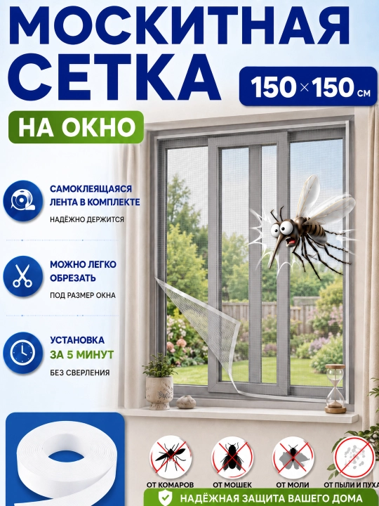 Москитная сетка на окно самоклеящаяся с липкой лентой, 150×150 см - 