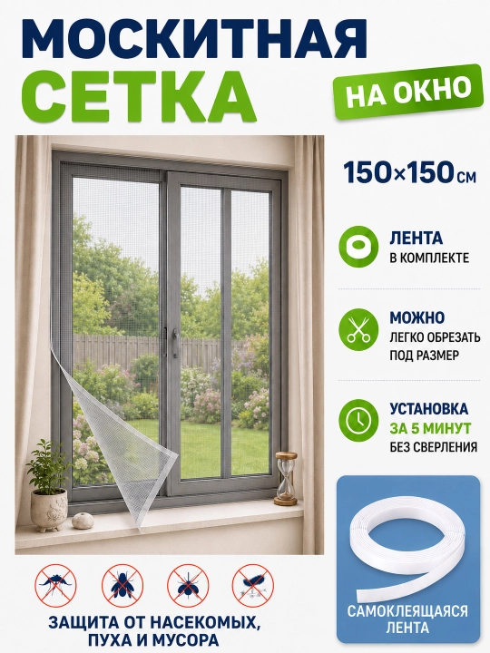 Москитная сетка на окно самоклеящаяся с липкой лентой, 150×150 см