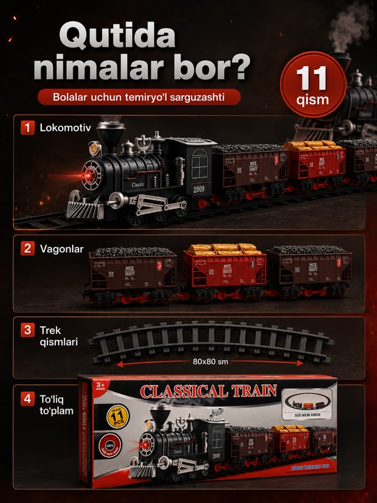 Bolalar uchun elektr poyezd va temiryo‘l to‘plami, 11 qism, 80×80 sm, 3+