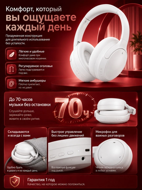 Беспроводные наушники HONOR CHOICE Headphones 3.5 микрофон, подключение к двум устройствам
