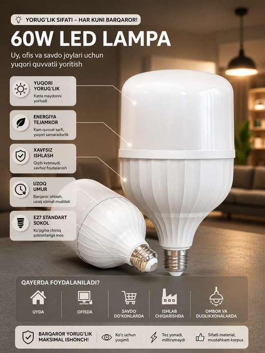 LED lampa E27 220V 5W, 7W, 10W, 12W, 15W, 18W, 20W energiya tejovchi