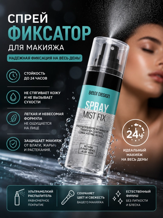 Belor Design Spray Mist Fix Makiyaj Fiksatori, 24 soatgacha bardoshli, 50 ml