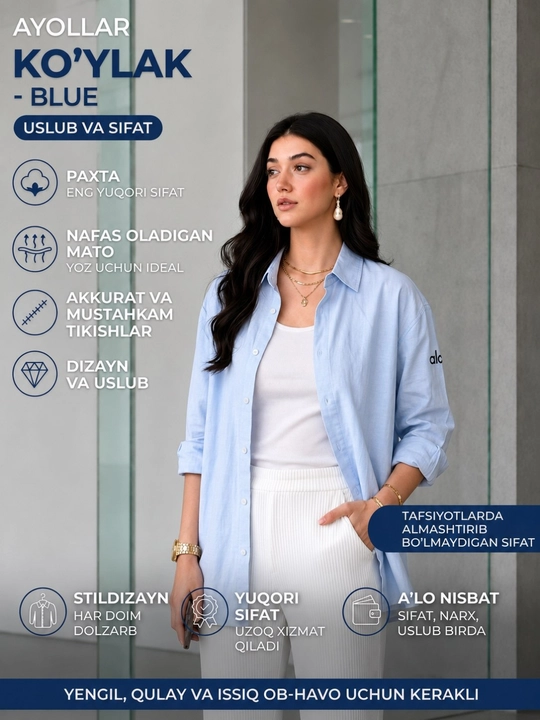 Ayollar uchun klassik uzun yengli ko‘ylak