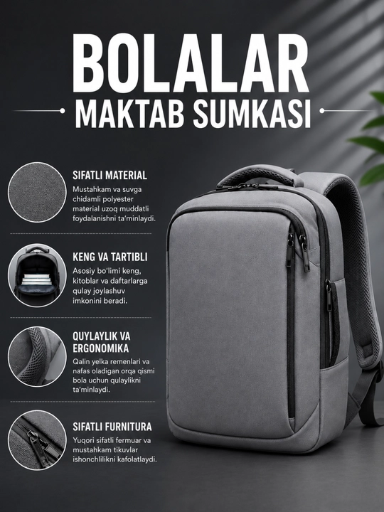 Maktab sumka bolalar, o‘qish va ish uchun ryukzak, qulay va yengil 