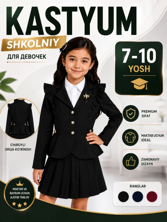 Maktab formasi qizlar uchun klassik kostum 7–10 yosh 1–4 sinf - 