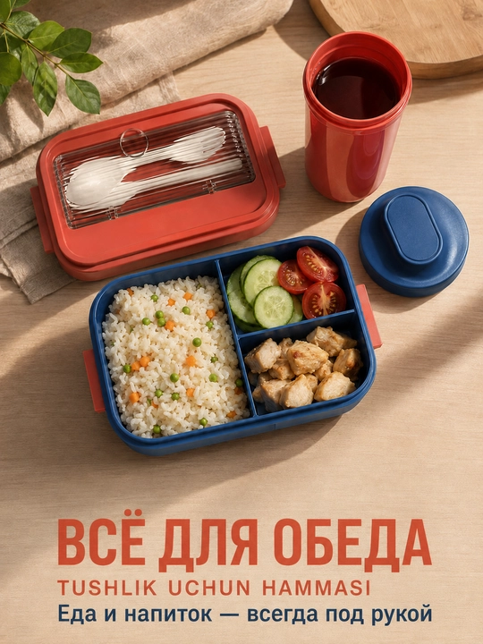 LÄTT LIV 3 bo‘limli tushlik qutisi, qoshiq-sanchqi va qopqoqli stakan