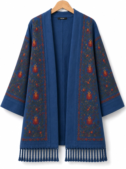Ayollar uchun ko‘k kashtali kardigan, kimono uslub, uzun kardigan, premium, zamonaviy