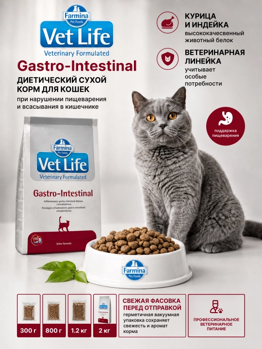 Farmina Vet Life Gastro-Intestinal для кошек — ветеринарный диетический сухой корм - 