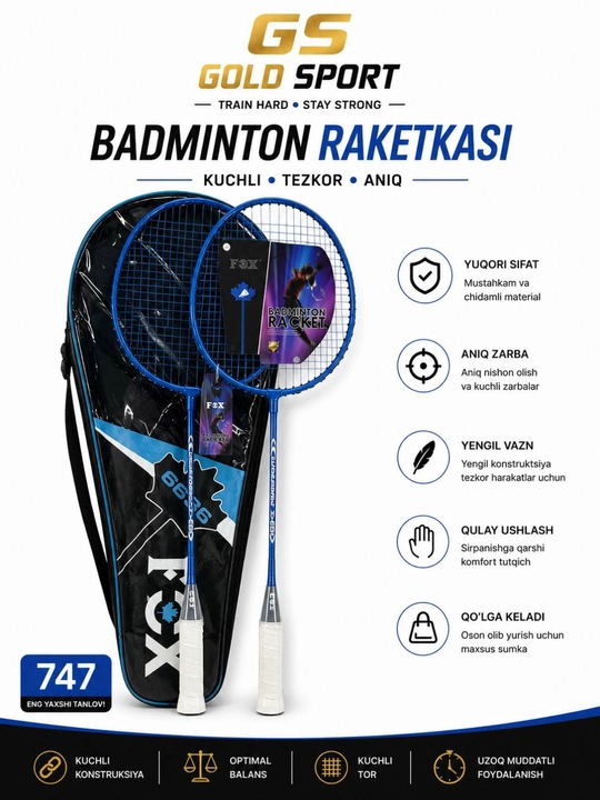 Yuqori sifatli FOX badminton raketkalari havaskor va professional o’yinchilar uchun mos - 