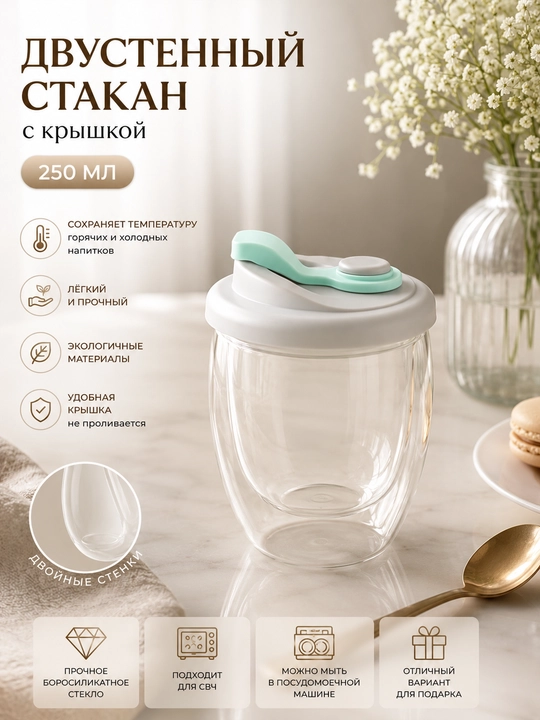 Ikki devorli shisha stakan, 250 ml, qopqoqli, borosilikat shishadan yasalgan termostakan - 