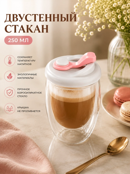 Ikki devorli shisha stakan, 250 ml, qopqoqli, borosilikat shishadan yasalgan termostakan - 