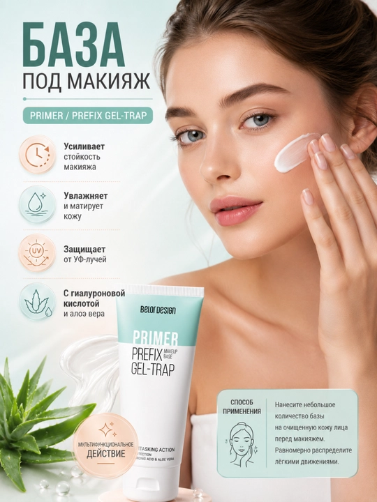 Belor Design Primer Prefix Gel-Trap makiyaj bazasi, aloe vera bilan, 30 ml