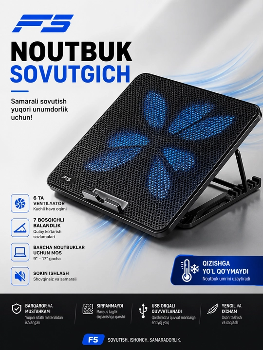 Noutbuk va planshet uchun sovutish yostiqchasi, sovutgich, buklanadigan ventilyator
