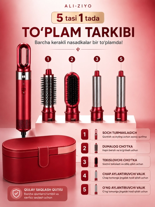 Fen-Taroq 5 tasi 1 tada, Soch Quritgich, Jingalak va Tekislash Uchun Qurilma