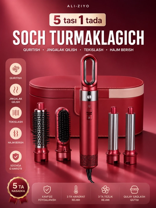 Fen-Taroq 5 tasi 1 tada, Soch Quritgich, Jingalak va Tekislash Uchun Qurilma - 